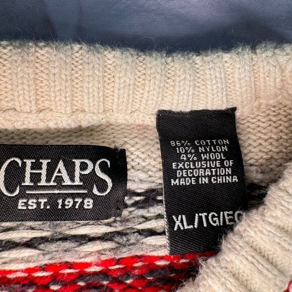 Chaps Men's size XL Sweater Fair Isle Stripe Crewneck Knit Pullover White Gray - Picture 4 of 8